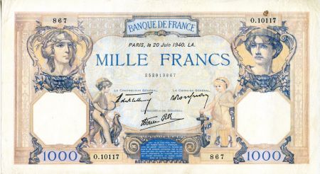 France 1000 Francs Cérès et Mercure - 20/06/1940 Série O.10117-867 - TTB