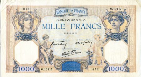 France 1000 Francs Cérès et Mercure - 20/06/1940 Série O.10117-872 - TTB