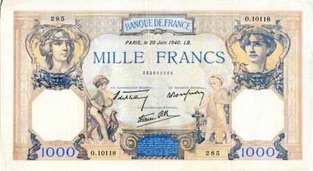 France 1000 Francs Cérès et Mercure - 20/06/1940 Série O.10118 - TTB