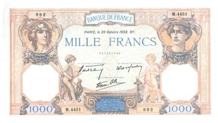 France 1000 Francs Cérès et Mercure - 20-10-1938 Série M.4451 - SUP