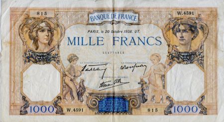 France 1000 Francs Cérès et Mercure - 20-10-1938 Série W.4591 - TTB