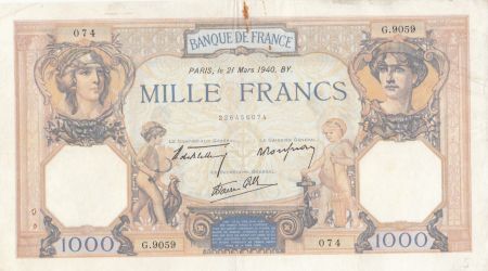 France 1000 Francs Cérès et Mercure - 21-03-1940 Série G.9059 - TTB