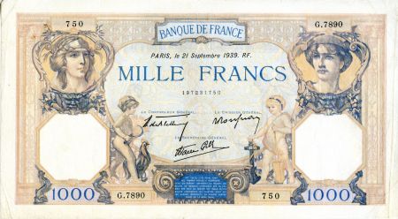France 1000 Francs Cérès et Mercure - 21/09/1939 Série G.7890 - TTB