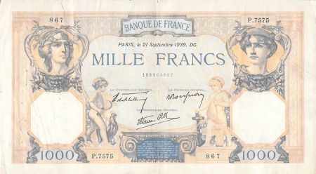 France 1000 Francs Cérès et Mercure - 21-09-1939 Série P.7575 - TB+