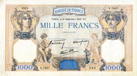 France 1000 Francs Cérès et Mercure - 21/09/1939 Série V.7857 - TTB