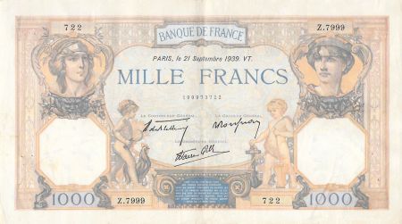 France 1000 Francs Cérès et Mercure - 21-09-1939 Série Z.7999 - TTB