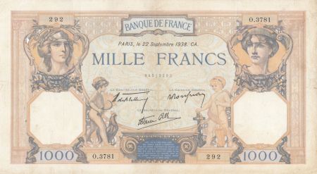 France 1000 Francs Cérès et Mercure - 22-09-1938 Série O.3781 - TTB