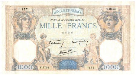 France 1000 Francs Cérès et Mercure - 22-09-1938 Série V.3754 - TTB