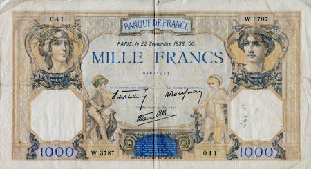 France 1000 Francs Cérès et Mercure - 22-09-1938 Série W.3787 - PTB