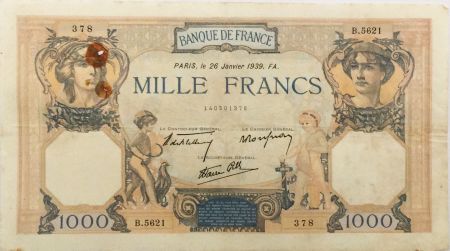 France 1000 Francs Cérès et Mercure - 26-01-1939 Série B.5621 - TTB