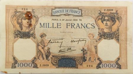 France 1000 Francs Cérès et Mercure - 26-01-1939 Série Z.5939 - PTTB