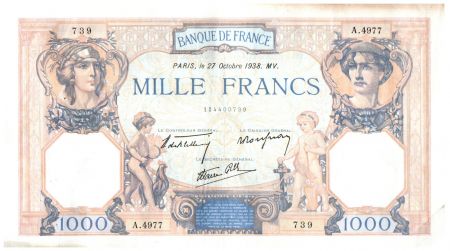 France 1000 Francs Cérès et Mercure - 27/10/1938 Série A.4977 - TTB