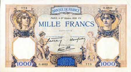 France 1000 Francs Cérès et Mercure - 27/10/1938 Série O.4833 - TTB