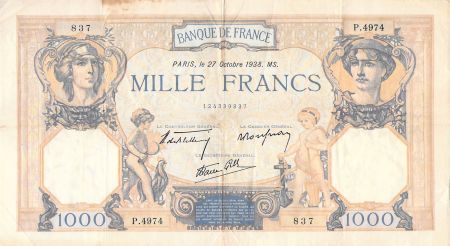 France 1000 Francs Cérès et Mercure - 27-10-1938 Série P.4974 - TTB