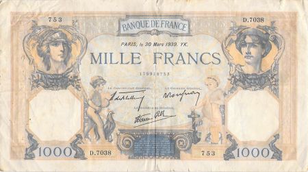 France 1000 Francs Cérès et Mercure - 30-03-1939 Série D.7038 - TB