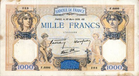 France 1000 Francs Cérès et Mercure - 30/03/1939 Série F.6886 - TTB