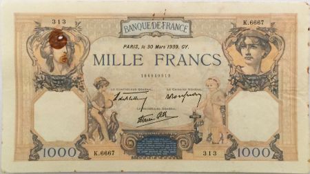 France 1000 Francs Cérès et Mercure - 30-03-1939 Série K.6667 - TTB