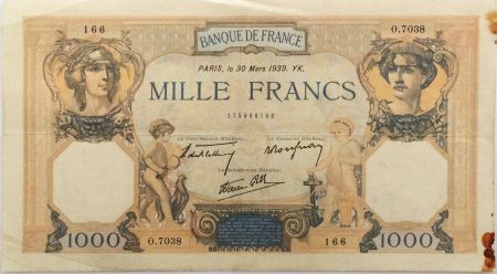 France 1000 Francs Cérès et Mercure - 30-03-1939 Série O.7038 - TTB