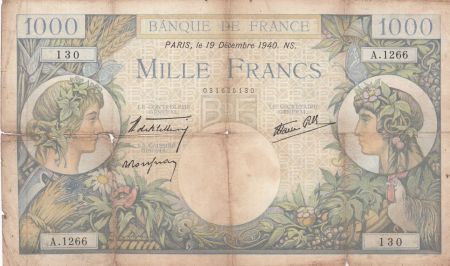 France 1000 Francs Commerce et Industrie - 19-12-1940 - Série A.1266 - Etat B
