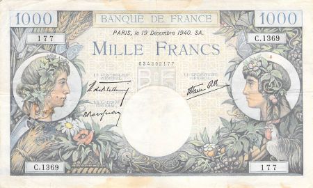 France 1000 Francs Commerce et Industrie - 19-12-1940 Série C.1369 - TB+