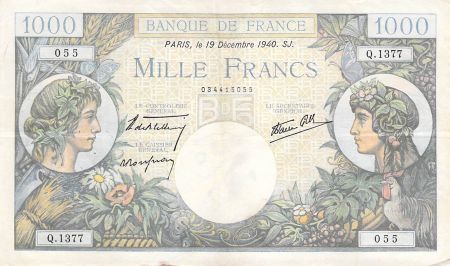 France 1000 Francs Commerce et Industrie - 19-12-1940 Série Q.1377 - TTB