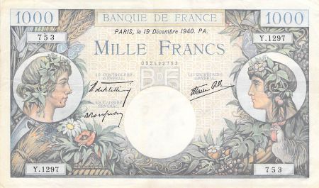 France 1000 Francs Commerce et Industrie - 19-12-1940 Série Y.1297 - TTB