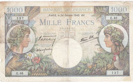 France 1000 Francs Commerce et Industrie - 24-10-1940 - Série E.46 - TB