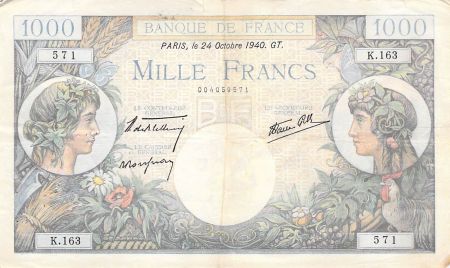 France 1000 Francs Commerce et Industrie - 24-10-1940 Série K.163 - PTTB