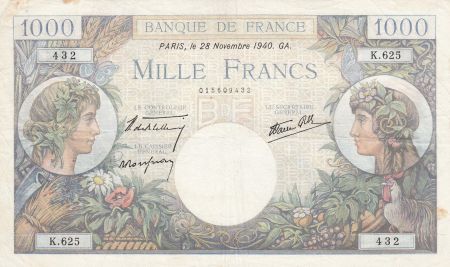 France 1000 Francs Commerce et Industrie - 28-11-1940 Série K.625 - TTB