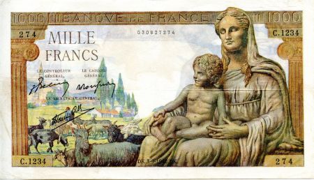 France 1000 Francs Déesse Déméter - 03-09-1942 Série C.1234 - TTB