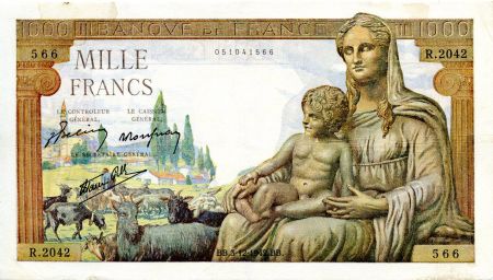 France 1000 Francs Déesse Déméter - 03-12-1942 Série R.2042 - TTB