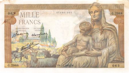 France 1000 Francs Déesse Déméter - 07-01-1943 Série G.2988 - TB