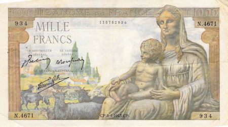France 1000 Francs Déesse Déméter - 08-04-1943 - Série N.4671 - PTTB