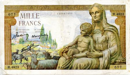 France 1000 Francs Déesse Déméter - 08-04-1943 Série H.4823 - TB+