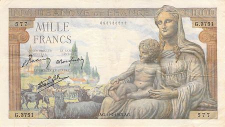 France 1000 Francs Déesse Déméter - 11-02-1943 - Série G.3751 - TB+