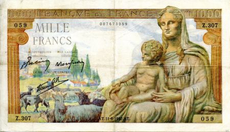France 1000 Francs Déesse Déméter - 11-06-1942 Série Z.307 - TTB