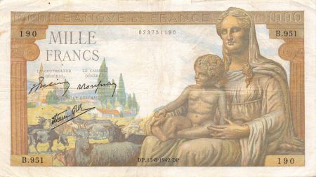 France 1000 Francs Déesse Déméter - 13-08-1942 Série B.951 - TB+