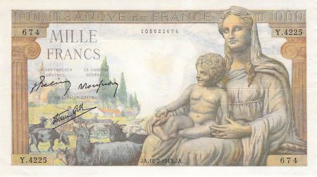 France 1000 Francs Déesse Déméter - 18-02-1943 - Série Y.4225 - TB+