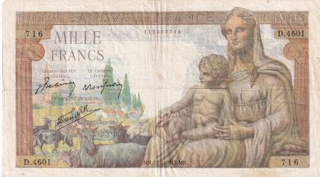 France 1000 Francs Déesse Déméter - 1942-1943 - TTB