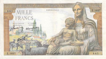 France 1000 Francs Déesse Déméter - 20-08-1942 - Série Z.1037 - PTTB