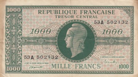 France 1000 Francs Marianne - 1945 Lettre A - Série 53A - TB+