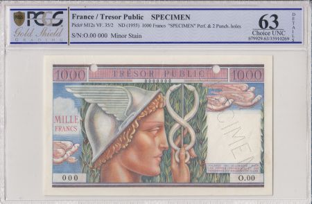 France 1000 Francs Mercure, Trésor Public - 1955 - Spécimen - PCGS 63