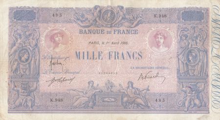 France 1000 Francs Rose et Bleu - 01-04-1916 - Série K.948 - TB