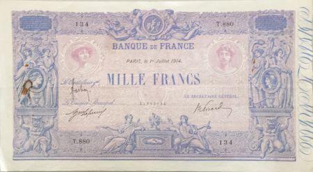France 1000 Francs Rose et Bleu - 01-07-1914 - Série T.880 - TB+