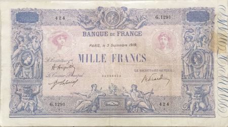 France 1000 Francs Rose et Bleu - 03-09-1919 - Série G.1291 - TB+