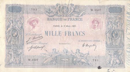 France 1000 Francs Rose et Bleu - 09-03-1921 - Série W.1537 - TB