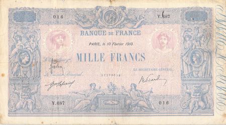 France 1000 Francs Rose et Bleu - 10-02-1910 - Série Y.687 - TB+