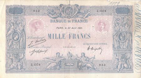 France 1000 Francs Rose et Bleu - 22-04-1921 - Série J.1574 - TB