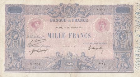 France 1000 Francs Rose et Bleu - 26-01-1921 - Série Y.1501 - TB