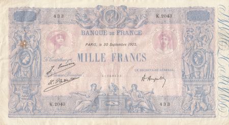 France 1000 Francs Rose et Bleu - 30-09-1925 Série K.2043 - TTB
